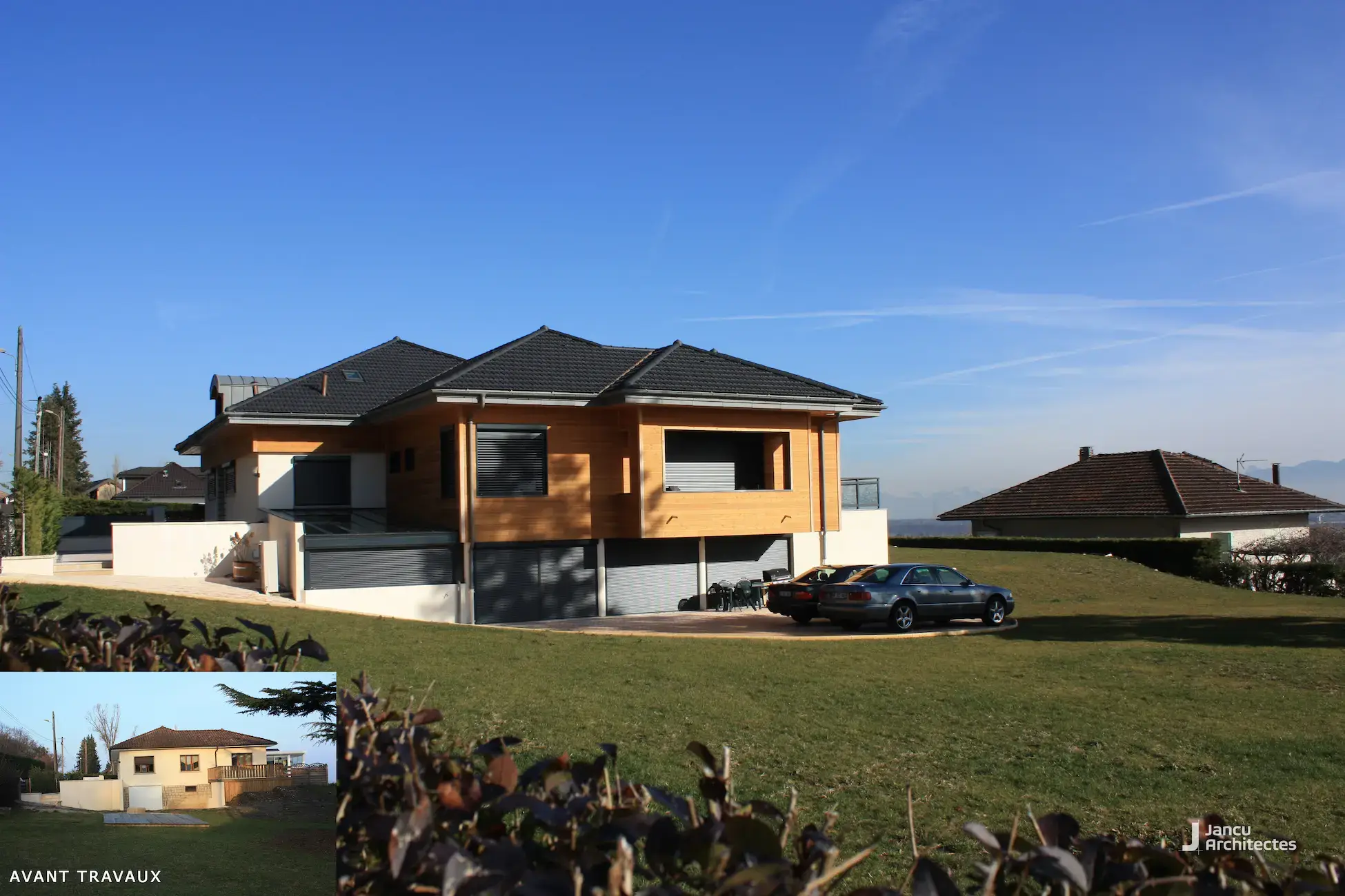 Extension et surélévation ossature bois à Divonne-les-Bains — résultat après travaux avec vue sur le jardin conservé, Jancu Architectes Pays de Gex Extension et surélévation ossature bois à Divonne-les-Bains — résultat après travaux avec vue sur le jardin conservé, Jancu Architectes Pays de Gex